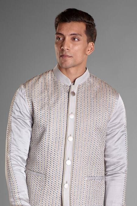 Buy_More Mischief_Gray Silk, Linen Embroidery Grey Bundi_Online_at_Aza_Fashions