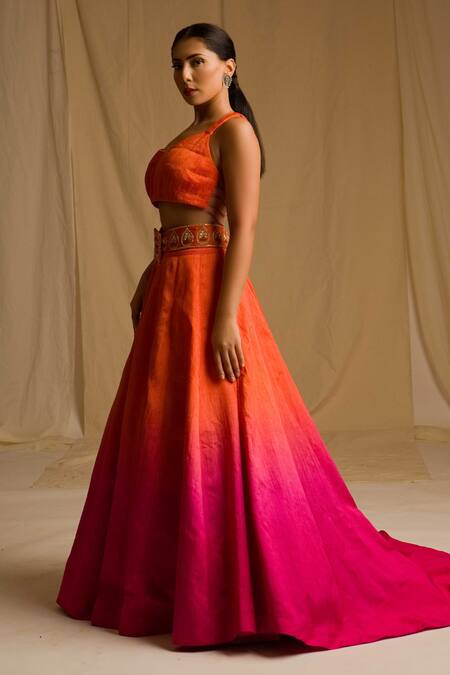 Megha Bansal_Orange Raw , Banarasi , Organza Jamavar Kaashi Ombre Lehenga Set_Online_at_Aza_Fashions