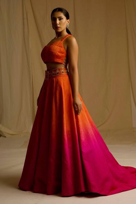Buy_Megha Bansal_Orange Raw , Banarasi , Organza Jamavar Kaashi Ombre Lehenga Set_Online_at_Aza_Fashions