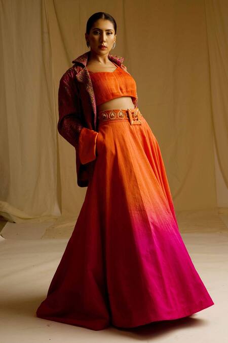 Shop_Megha Bansal_Orange Raw , Banarasi , Organza Jamavar Kaashi Ombre Lehenga Set_Online_at_Aza_Fashions