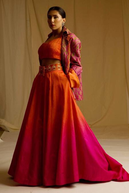 Megha Bansal_Orange Raw , Banarasi , Organza Jamavar Kaashi Ombre Lehenga Set_at_Aza_Fashions