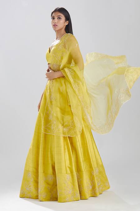 Buy_Megha Bansal_Yellow Raw , Organza Sequin And Cut Shazneen Fiha Embroidered Lehenga Set_Online_at_Aza_Fashions