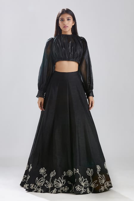 Megha Bansal_Black Raw , Organza Sequin And Cut Gulmohar Lehenga & Balloon Blouse Set _Online_at_Aza_Fashions
