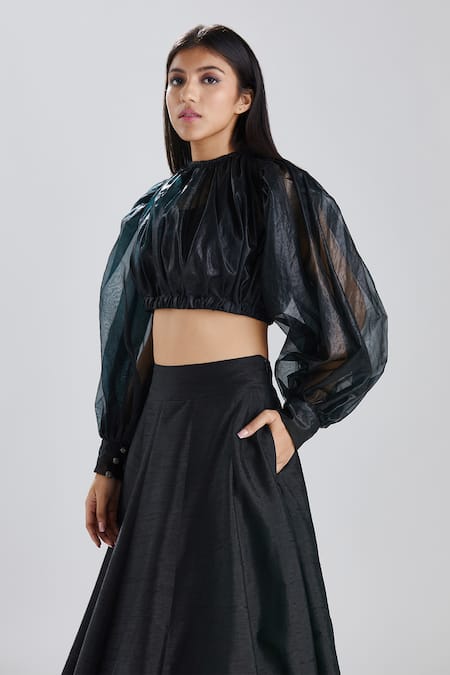 Buy_Megha Bansal_Black Raw , Organza Sequin And Cut Gulmohar Lehenga & Balloon Blouse Set _Online_at_Aza_Fashions