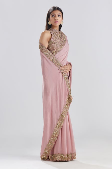 Megha Bansal_Pink Crepe, Silk Chanderi Zardozi Work Noor Vrit Saree And Embroidered Blouse Set_Online_at_Aza_Fashions