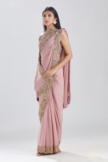 Megha Bansal_Pink Crepe, Silk Chanderi Zardozi Work Noor Vrit Saree And Embroidered Blouse Set_at_Aza_Fashions