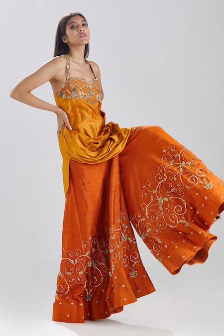 Shop Megha Bansal Orange Raw , Chanderi Zardozi Work Gerua Inya Kurta And Sharara Set Online at Aza Fashions Shop_Megha Bansal_Orange Raw , Chanderi Zardozi Work Gerua Inya Kurta And Sharara Set _Online_at_Aza_Fashions