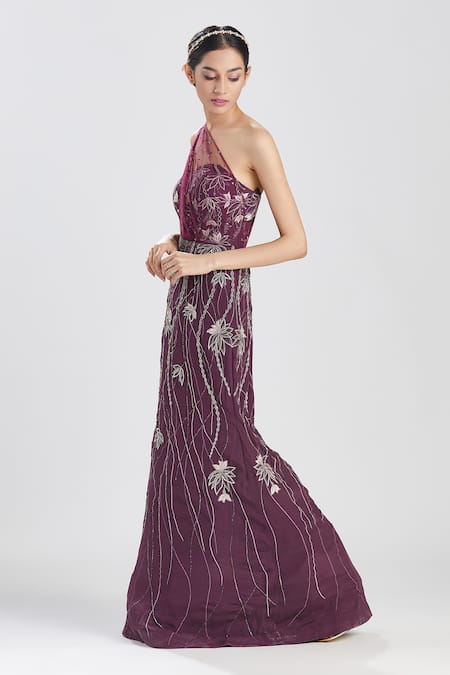 Megha Bansal_Wine Crepe Sequin, Thread, Cut Dana Work Jamuni Gul Kaari Embroidered Gown _Online_at_Aza_Fashions