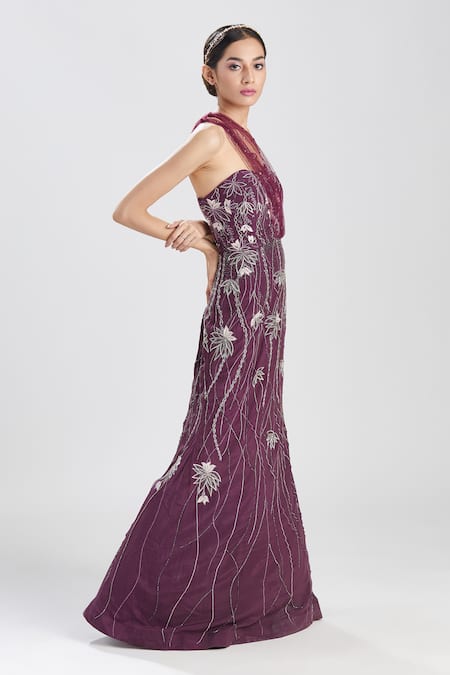 Buy_Megha Bansal_Wine Crepe Sequin, Thread, Cut Dana Work Jamuni Gul Kaari Embroidered Gown _Online_at_Aza_Fashions