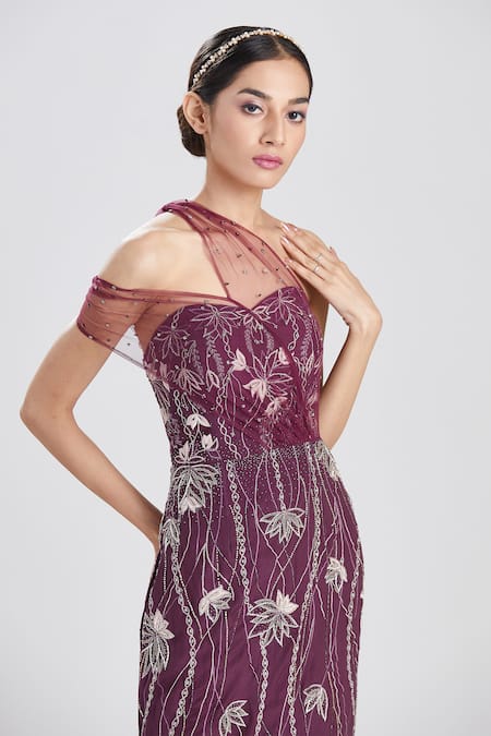 Shop_Megha Bansal_Wine Crepe Sequin, Thread, Cut Dana Work Jamuni Gul Kaari Embroidered Gown _Online_at_Aza_Fashions