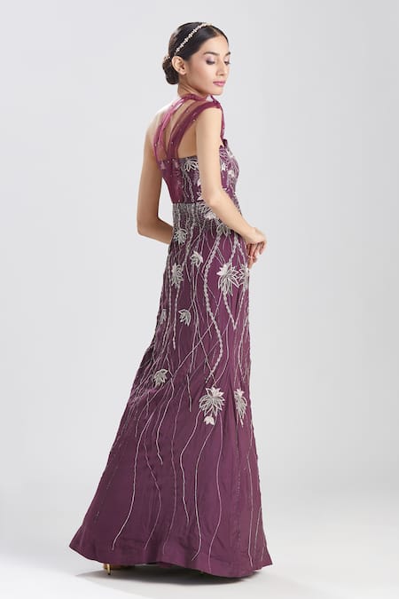 Megha Bansal_Wine Crepe Sequin, Thread, Cut Dana Work Jamuni Gul Kaari Embroidered Gown _at_Aza_Fashions