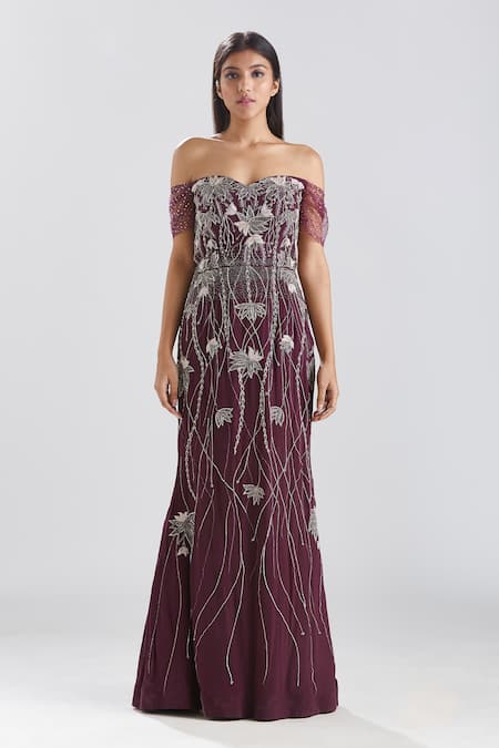 Megha Bansal_Wine Crepe Sequin, Thread, Cut Dana Work Off Shoulder Jamuni Gul Kaari Gown _Online_at_Aza_Fashions
