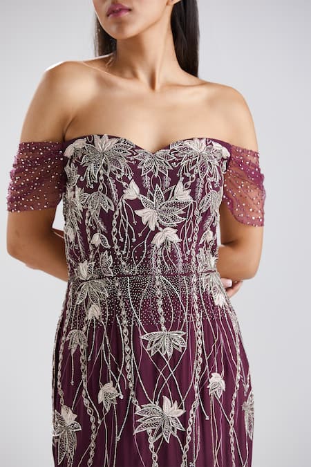 Shop_Megha Bansal_Wine Crepe Sequin, Thread, Cut Dana Work Off Shoulder Jamuni Gul Kaari Gown _Online_at_Aza_Fashions