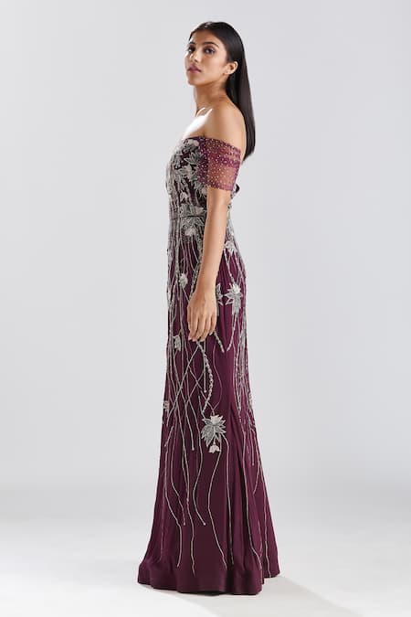 Megha Bansal_Wine Crepe Sequin, Thread, Cut Dana Work Off Shoulder Jamuni Gul Kaari Gown _at_Aza_Fashions