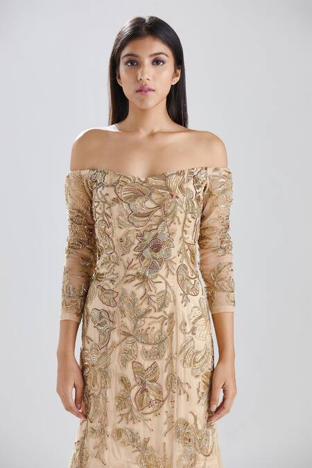 Shop_Megha Bansal_Beige Tulle Sequin, Thread, Cut Dana Zardozi Work One Amber Embroidered Gown_Online_at_Aza_Fashions