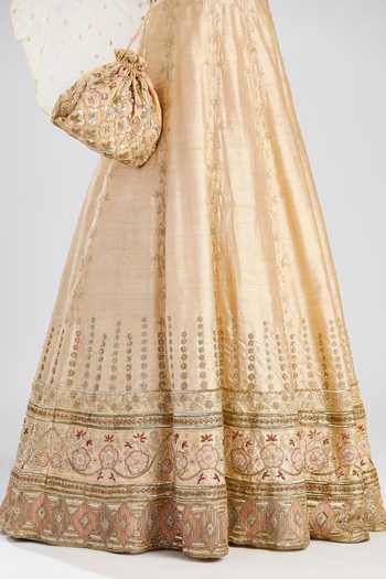 Megha Bansal_Gold Raw Silk, Tulle Resham, Sequin, Beads And Cut Asma Embroidered Lehenga Set_Online_at_Aza_Fashions