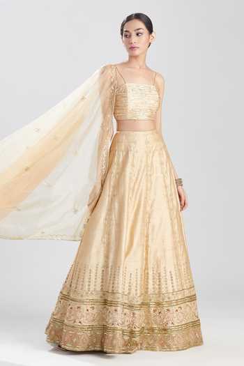Buy_Megha Bansal_Gold Raw Silk, Tulle Resham, Sequin, Beads And Cut Asma Embroidered Lehenga Set_Online_at_Aza_Fashions