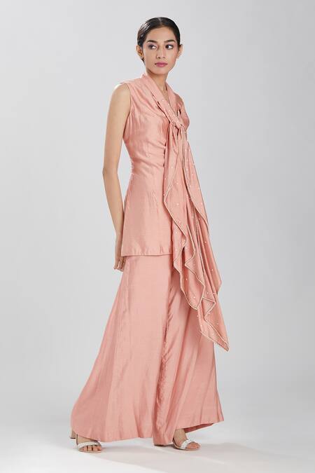 Megha Bansal_Pink Cotton Silk Beads V Neck Sana Kurta And Palazzo Set_Online_at_Aza_Fashions