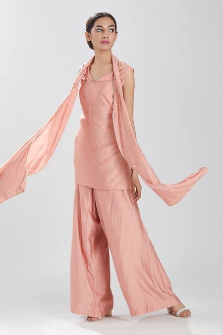 Buy_Megha Bansal_Pink Cotton Silk Beads V Neck Sana Kurta And Palazzo Set_Online_at_Aza_Fashions