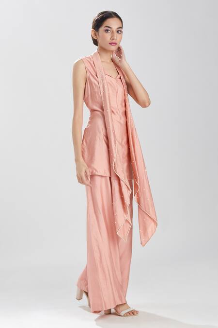 Shop_Megha Bansal_Pink Cotton Silk Beads V Neck Sana Kurta And Palazzo Set_Online_at_Aza_Fashions