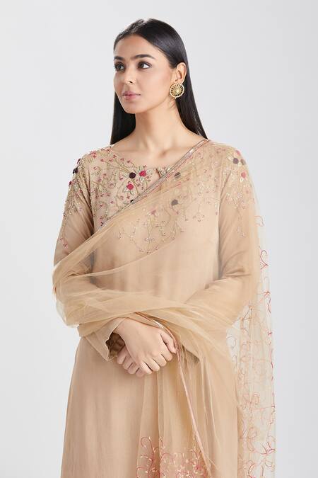 Megha Bansal Brown Tulle, Chiffon Floral Pattern Round Adya Embroidered Bodice Kurta Set Online at Aza Fashions Megha Bansal_Brown Tulle, Chiffon Floral Pattern Round Adya Embroidered Bodice Kurta Set_Online_at_Aza_Fashions