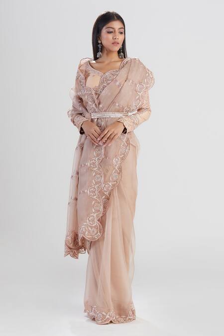 Megha Bansal_Beige Organza, Chanderi Floral Zeenat Embroidered Saree With Blouse_Online_at_Aza_Fashions