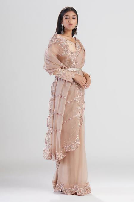 Buy_Megha Bansal_Beige Organza, Chanderi Floral Zeenat Embroidered Saree With Blouse_Online_at_Aza_Fashions