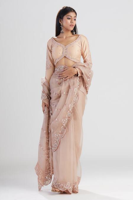 Shop_Megha Bansal_Beige Organza, Chanderi Floral Zeenat Embroidered Saree With Blouse_Online_at_Aza_Fashions