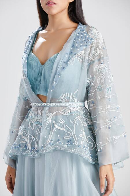 Shop_Megha Bansal_Blue Silk Organza Horse And Floral Pattern Front Ashva Embroidered Kimono Jacket_Online_at_Aza_Fashions