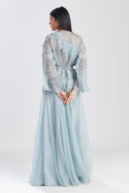 Megha Bansal_Blue Silk Organza Horse And Floral Pattern Front Ashva Embroidered Kimono Jacket_Online_at_Aza_Fashions