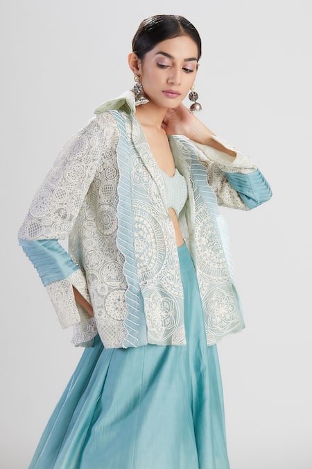 Shop_Megha Bansal_Blue Organza, Chanderi Geometric Patterns Noor Coat Ombre Lehenga Set_Online_at_Aza_Fashions