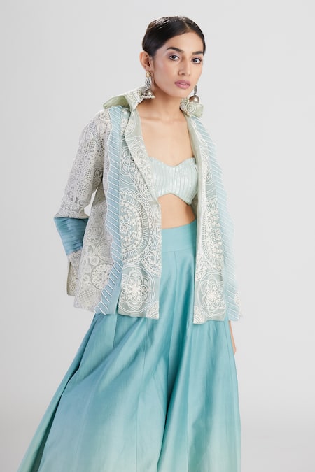 Megha Bansal_Blue Organza, Chanderi Geometric Patterns Noor Coat Ombre Lehenga Set_at_Aza_Fashions