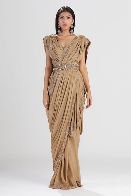 Megha Bansal_Brown Tulle, Chiffon Fiha Flower Pattern V Neck Bhura Shazmah Draped Saree Gown _Online_at_Aza_Fashions