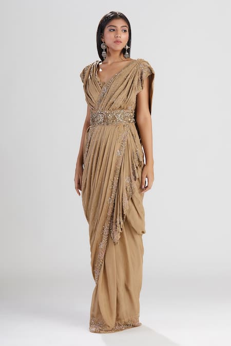 Buy_Megha Bansal_Brown Tulle, Chiffon Fiha Flower Pattern V Neck Bhura Shazmah Draped Saree Gown _Online_at_Aza_Fashions
