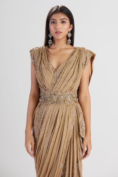 Shop_Megha Bansal_Brown Tulle, Chiffon Fiha Flower Pattern V Neck Bhura Shazmah Draped Saree Gown _Online_at_Aza_Fashions