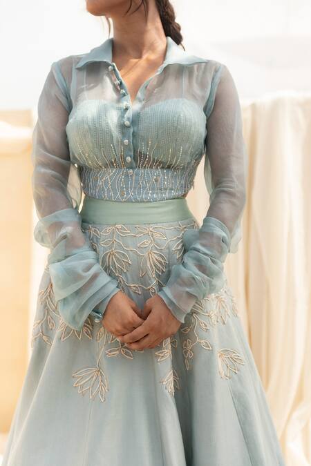 Buy_Megha Bansal_Blue Organza, Chanderi Floral, Gulmohar Fiha Lehenga Blouse Set_Online_at_Aza_Fashions