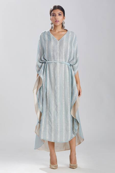 Megha Bansal Blue Silk Chanderi Pearl, Thread, Linear V Neck Tapan Vrit Kaftan Online at Aza Fashions Megha Bansal_Blue Silk Chanderi Pearl, Thread, Linear V Neck Tapan Vrit Kaftan_Online_at_Aza_Fashions