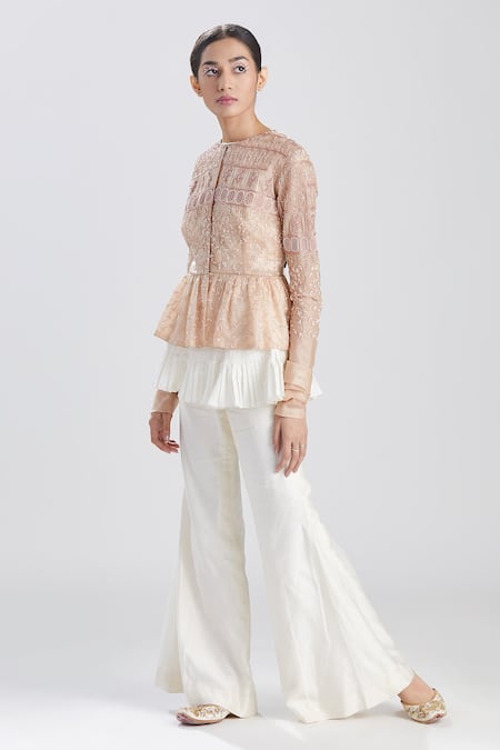 Megha Bansal Pink Organza, Chanderi Zainaab Embroidered Jacket And Flared Pant Set Online at Aza Fashions Megha Bansal_Pink Organza, Chanderi Zainaab Embroidered Jacket And Flared Pant Set_Online_at_Aza_Fashions