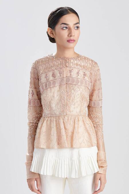 Shop Megha Bansal Pink Organza, Chanderi Zainaab Embroidered Jacket And Flared Pant Set Online at Aza Fashions Shop_Megha Bansal_Pink Organza, Chanderi Zainaab Embroidered Jacket And Flared Pant Set_Online_at_Aza_Fashions