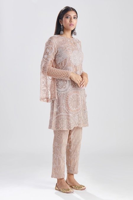 Megha Bansal_Pink Organza, Chanderi Floral, Noor Vrit Embroidered Kurta And Pant Set _Online_at_Aza_Fashions