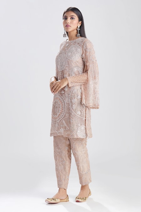 Buy_Megha Bansal_Pink Organza, Chanderi Floral, Noor Vrit Embroidered Kurta And Pant Set _Online_at_Aza_Fashions