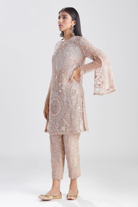 Shop_Megha Bansal_Pink Organza, Chanderi Floral, Noor Vrit Embroidered Kurta And Pant Set _Online_at_Aza_Fashions