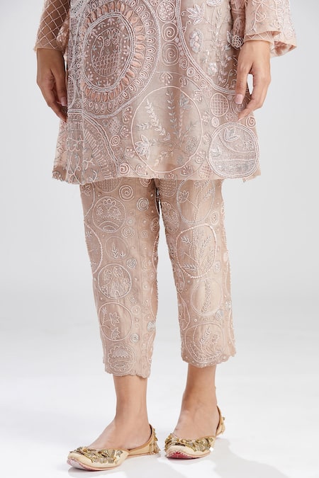 Megha Bansal_Pink Organza, Chanderi Floral, Noor Vrit Embroidered Kurta And Pant Set _at_Aza_Fashions