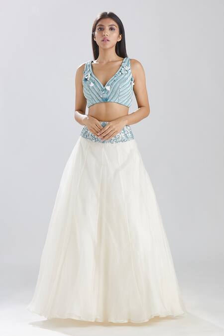 Megha Bansal_Ivory Silk Organza Embroidery Bugle Beads Aria Waistband Lehenga _Online_at_Aza_Fashions
