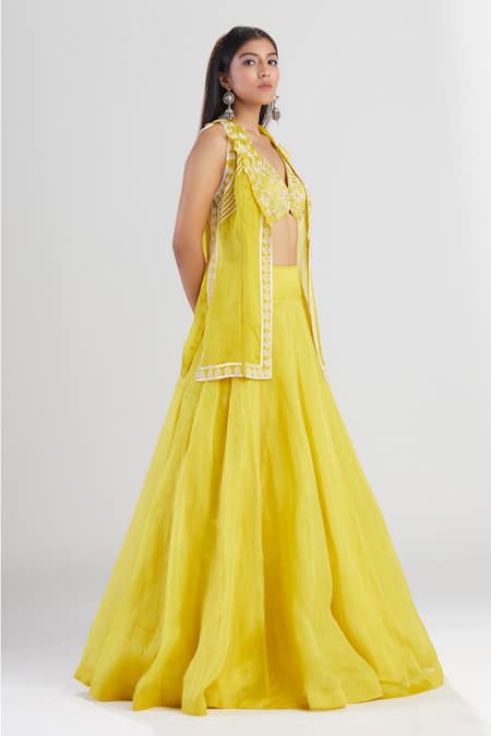 Megha Bansal Yellow Satin Silk Organza Sequin And Bead Work Amalta Embroidered Lehenga Set Online at Aza Fashions Megha Bansal_Yellow Satin Silk Organza Sequin And Bead Work Amalta Embroidered Lehenga Set _Online_at_Aza_Fashions