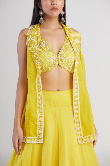 Shop Megha Bansal Yellow Satin Silk Organza Sequin And Bead Work Amalta Embroidered Lehenga Set Online at Aza Fashions Shop_Megha Bansal_Yellow Satin Silk Organza Sequin And Bead Work Amalta Embroidered Lehenga Set _Online_at_Aza_Fashions