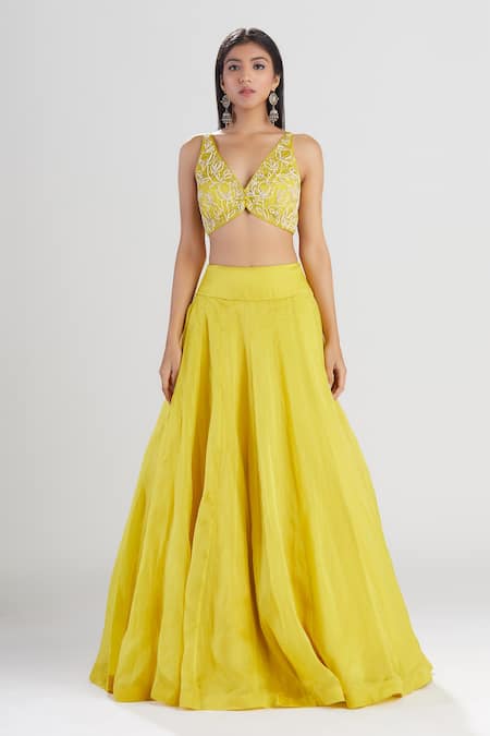 Megha Bansal Yellow Satin Silk Organza Sequin And Bead Work Amalta Embroidered Lehenga Set at Aza Fashions Megha Bansal_Yellow Satin Silk Organza Sequin And Bead Work Amalta Embroidered Lehenga Set _at_Aza_Fashions
