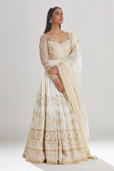 Megha Bansal Ivory Tulle, Chiffon, Churidar Cotton Silk, Hans Embroidered Anarkali Set Online at Aza Fashions Megha Bansal_Ivory Tulle, Chiffon, Churidar Cotton Silk, Hans Embroidered Anarkali Set _Online_at_Aza_Fashions