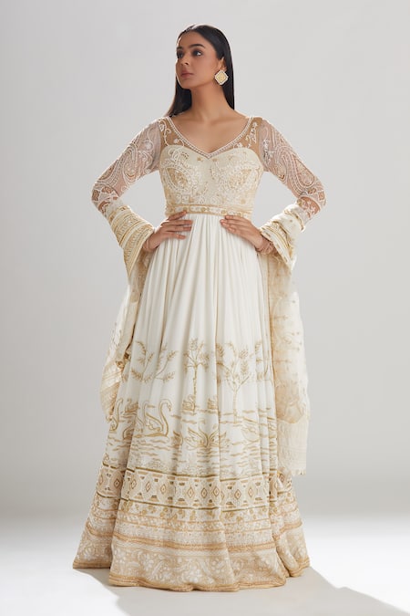 Buy Megha Bansal Ivory Tulle, Chiffon, Churidar Cotton Silk, Hans Embroidered Anarkali Set Online at Aza Fashions Buy_Megha Bansal_Ivory Tulle, Chiffon, Churidar Cotton Silk, Hans Embroidered Anarkali Set _Online_at_Aza_Fashions