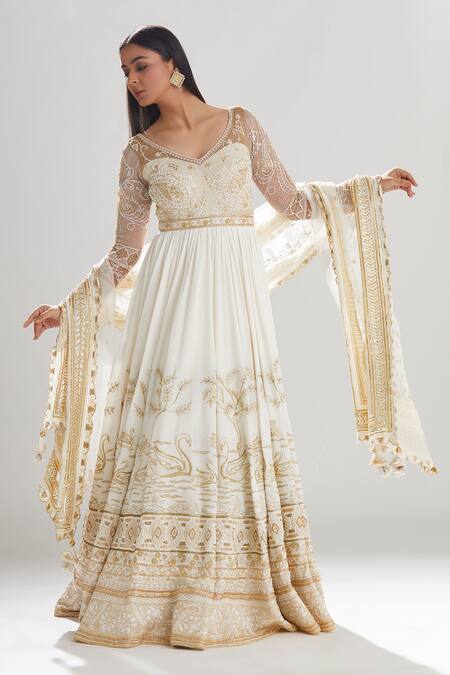 Shop Megha Bansal Ivory Tulle, Chiffon, Churidar Cotton Silk, Hans Embroidered Anarkali Set Online at Aza Fashions Shop_Megha Bansal_Ivory Tulle, Chiffon, Churidar Cotton Silk, Hans Embroidered Anarkali Set _Online_at_Aza_Fashions